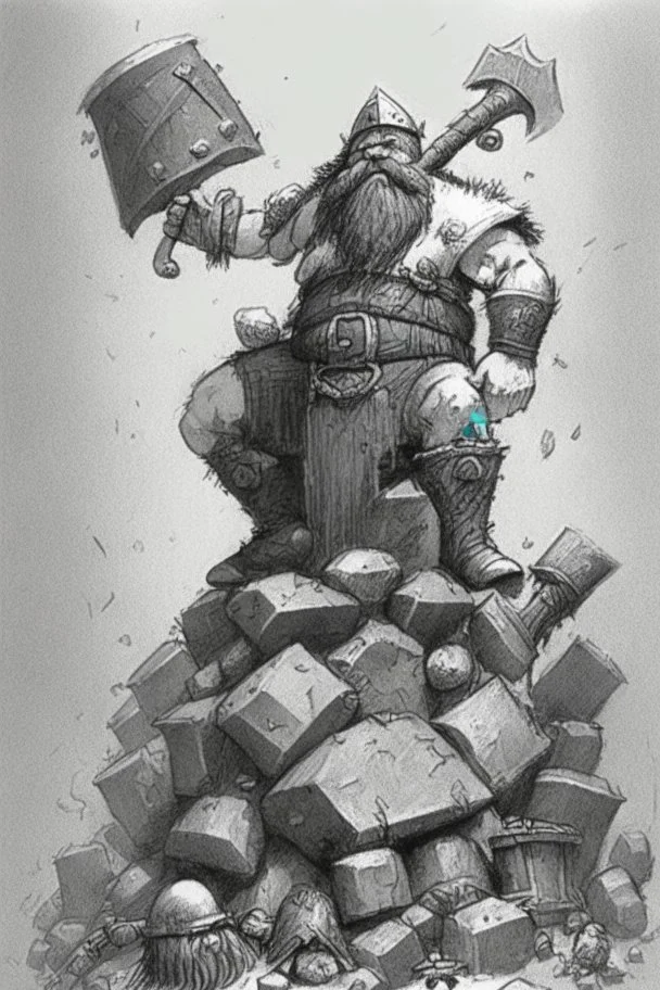 A fantasy sketch of a dwarf with a hammer and shield standing on top of a pile of bodies