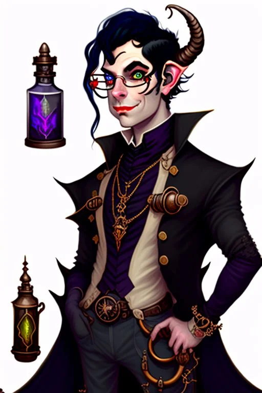 Young tiefling nobleman scientist with black hair horns and large reptilian tail steampunk jewelry and potion bottles in the style of Charles Addams