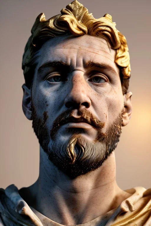 Realistic image, Roman sculpture made in white marble with gold veins, Lionel messi with gold laurel leaves crown, two blue brushes, decorative star on the chest, waist up portrait, marble material, gold ornaments, Baroque style, sun rays background, epic, celestial, cinematic lighting, God lights, 4k resolution, smooth details, soft lighting, unreal engine 5, art station, substance 3d.