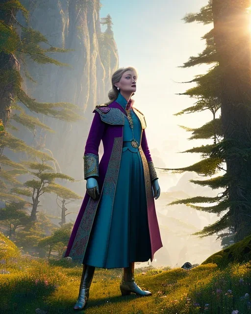 beautiful illustration of a young plum merryl streep, julianne morre, in the mountains, in the style viktor klint and moebius, rim light, vibrant moody colors, plain background, soft lighting, unreal engine