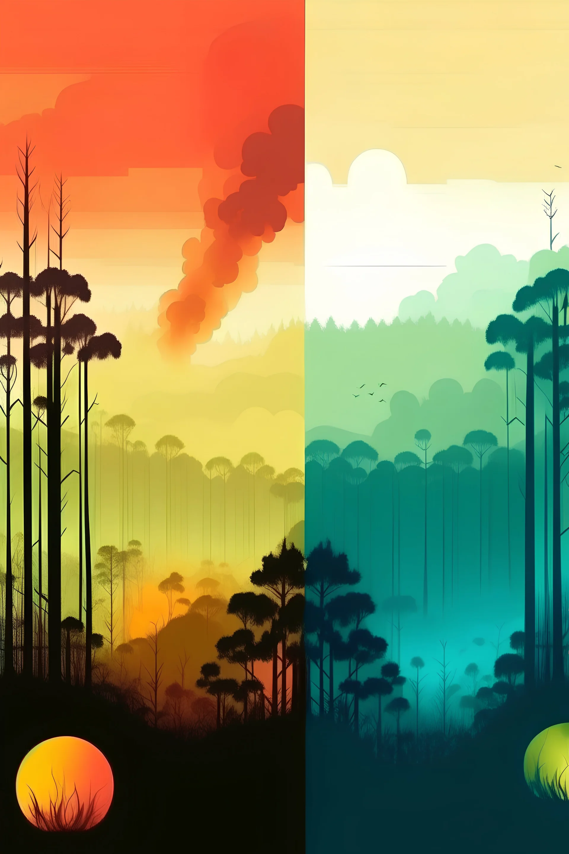 poster in two gradually utopian amazonian forest at the top to deforestation fire at the bottom