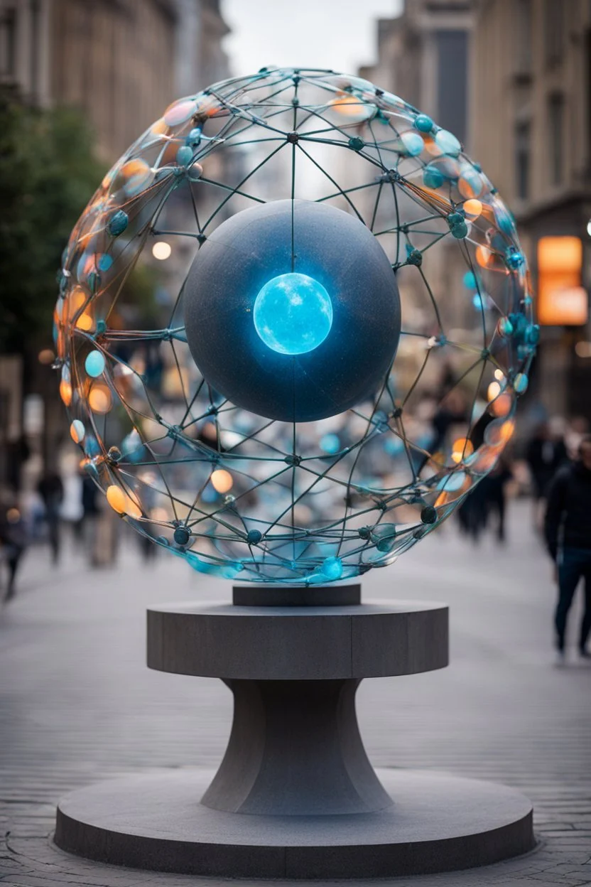 статуя на улице, Шар как атом/молекула: Сделать поверхность шара похожей на модель атома или молекулы, используя геометрические формы, светящиеся элементы или проекцию. . Для этого можно использовать различные геометрические формы, такие как круги, треугольники, шестиугольники и т. д., чтобы создать абстрактное изображение структуры атома или молекулы. Кроме того, возможно использование светящихся элементов, чтобы придать статуе особую магическую атмосферу и привлечь внимание прохожих ночью.