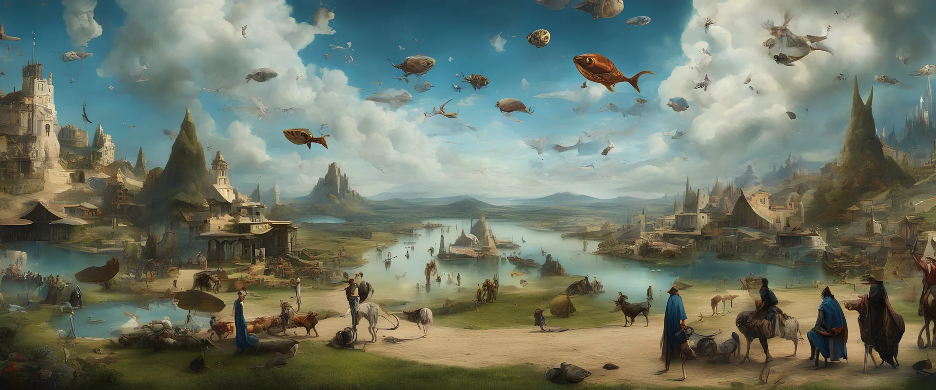 Salvador Dali and Hieronymus Bosch talking to each other at an outdoor surrealist market. A herd of dream-like sky-fish swim high in the far distant sky, with a beautiful surreal outdoor countryside summer scene with hills, waterfalls, and an intricate fractal sky, very high detail, photorealistic, epic cinematic, 8K, Large depth of field