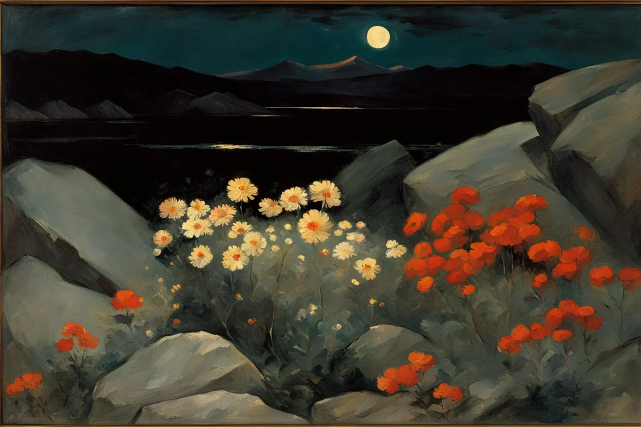 Landscape with night, mountains, flowers, rocks, winslow homer paintings