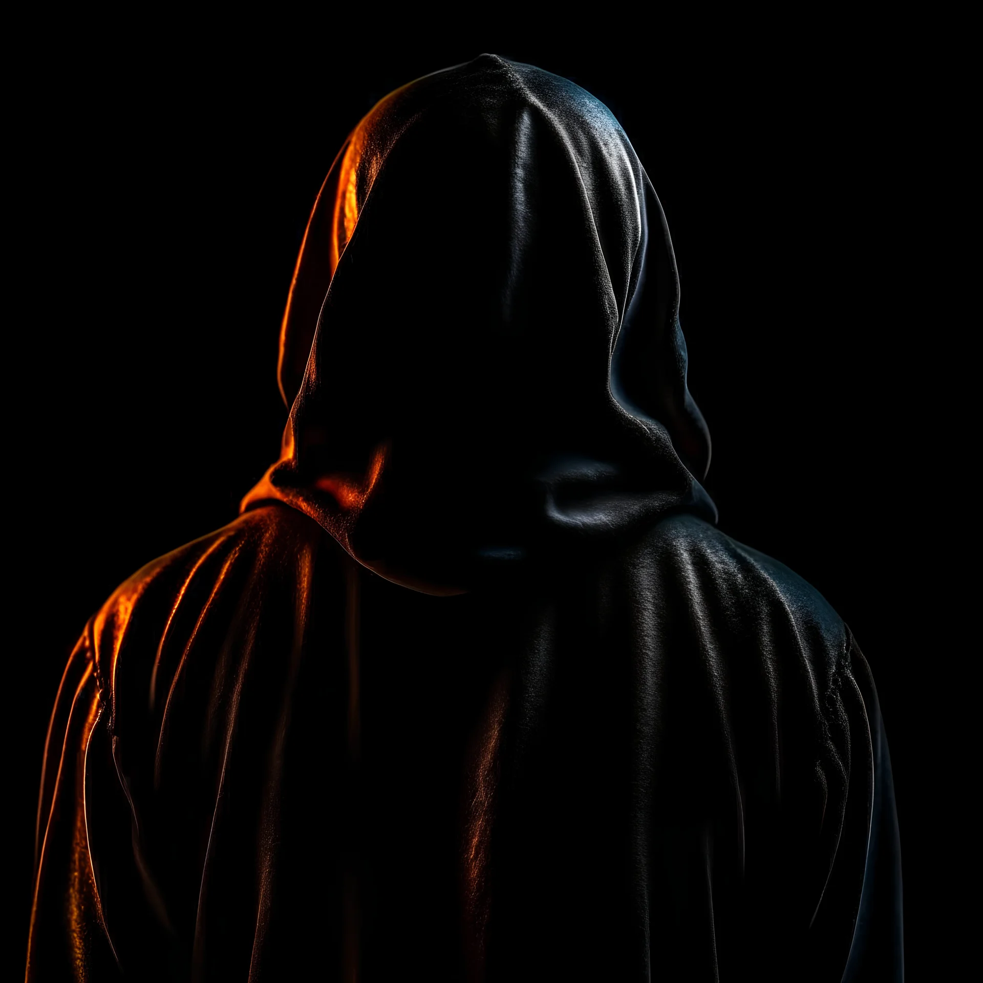 monk in black hoodie in the dark from behind