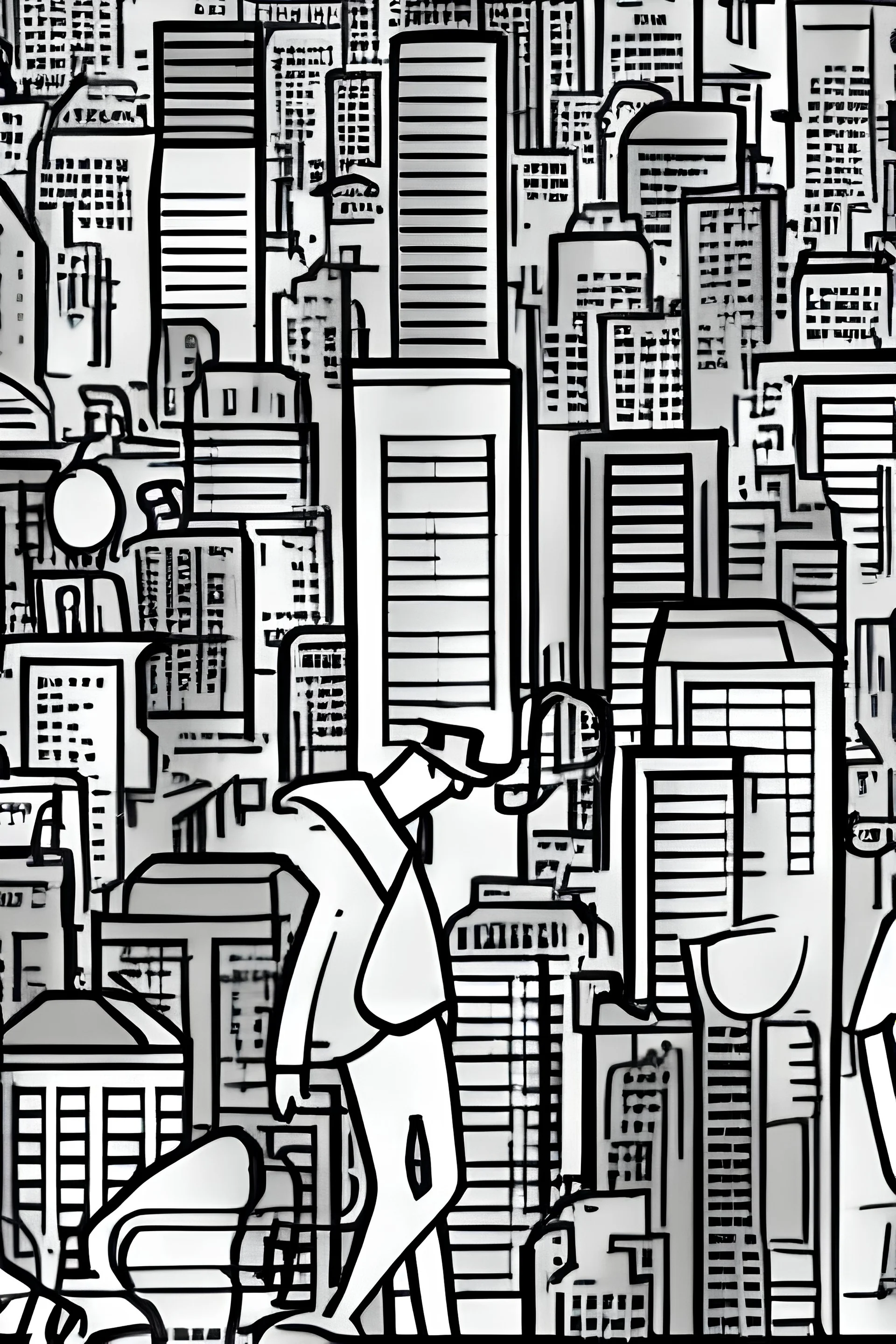 hand-drawn smoking man on a rooftop overlooking a detailed city with streets, building and skyscrapers in the style of stick-figure