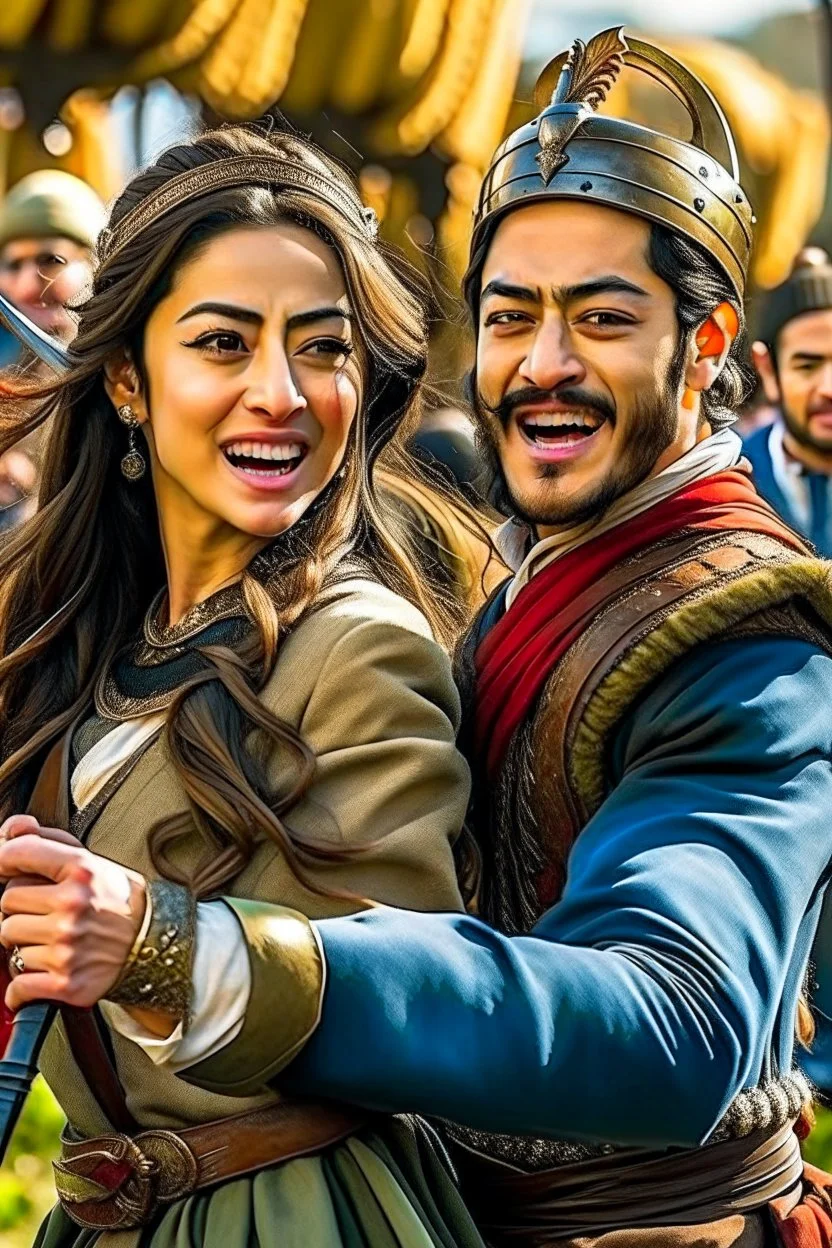 style comdey character : A woman, believing herself a fearsome warrior, dramatically confronts the She holds her sword upside down A Mongol casually pushes her over and steals her dictionary, Woman stands defiantly, sword held backwards, Ertugrul music blasting in the background. Mongols look confused Close-up of the woman's confident face shouting her challenge. Mongol soldier pushes her with a bored It was a beautiful woman for the soldiers. All the soldiers Crowded marry naked her.