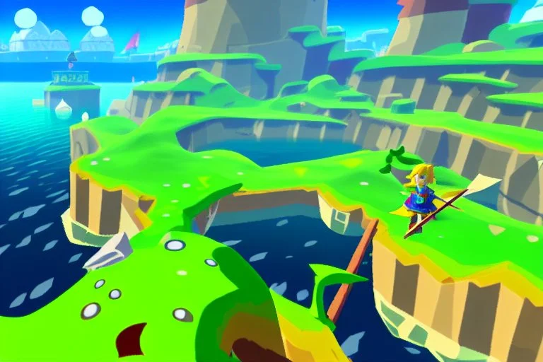 Legend Of Zelda: Wind Waker style view of a vast ocean, stylized, colorful, adventurous, no ships nor islands.