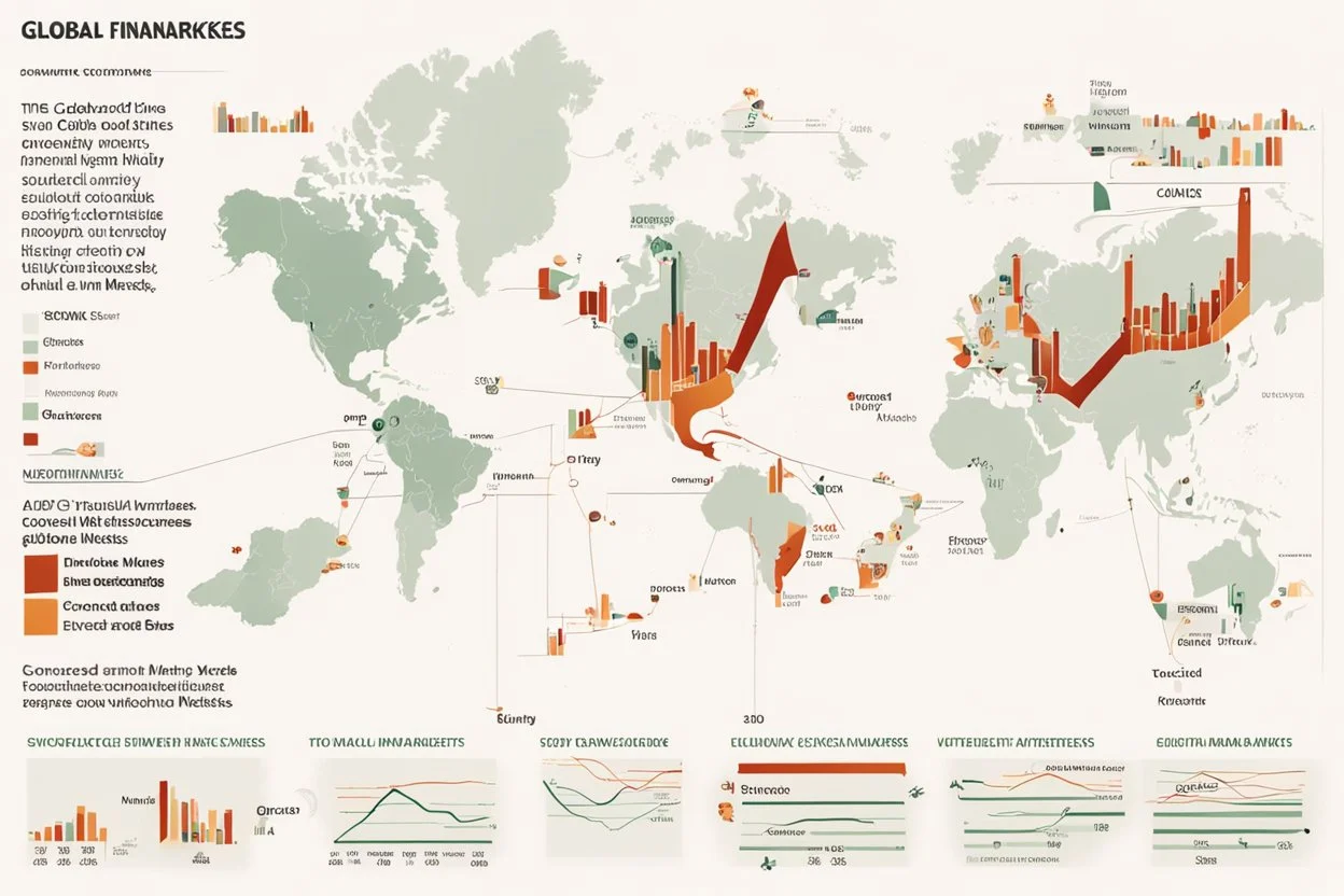 An infographic showing the interconnectedness of global financial markets, including stock exchanges, commodity markets, and bond markets. flat. without text