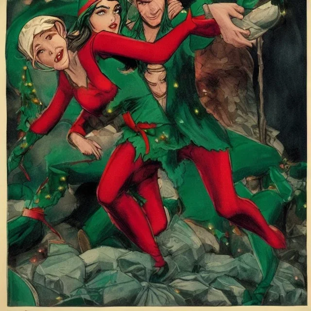 two elves. woman and man. Christmas scene. poster. marvel comic. low-key