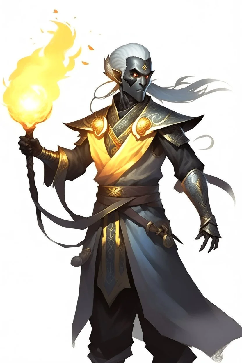 Male Air genasi fra d&d with black skin smoke some hair an Asian skin holding a Flaming spire