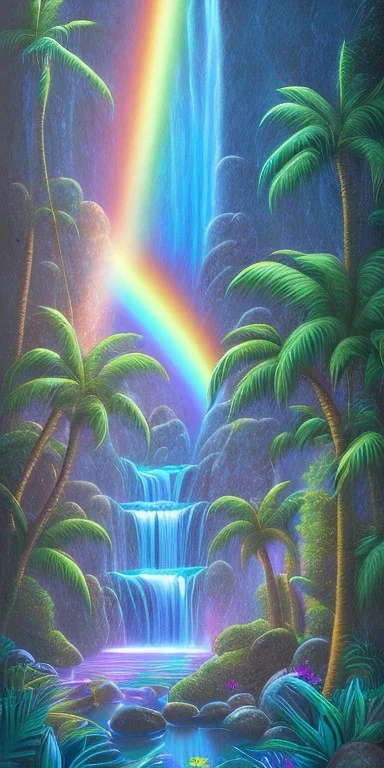 Triipy rainbow turquoise neon waterfall with palm trees sparkling at night in a cave detailed realistic glowing