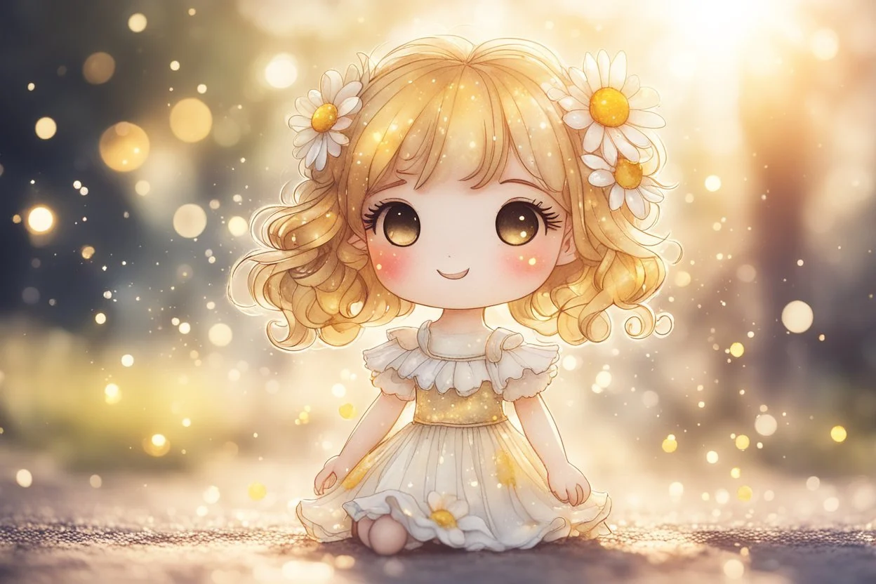 cute chibi daisy girl in sunshine, watercolor and black ink outlines, sparkling golden glitter, ethereal, cinematic postprocessing, bokeh, dof