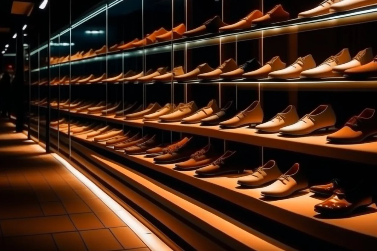 showcase of a shoe store in Spain, front view, warm light, close-up