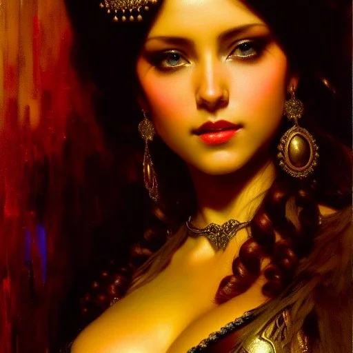 Drawing of beautiful face busty tavern wench,sweet stare,ancient leather armor, balanciaga fashion clothe painting by gaston bussiere, greg rutkowski, yoji shinkawa, yoshitaka amano, tsutomu nihei, donato giancola, tim hildebrandt, oil on canvas, cinematic composition, extreme detail,fit full head inside picture,16k