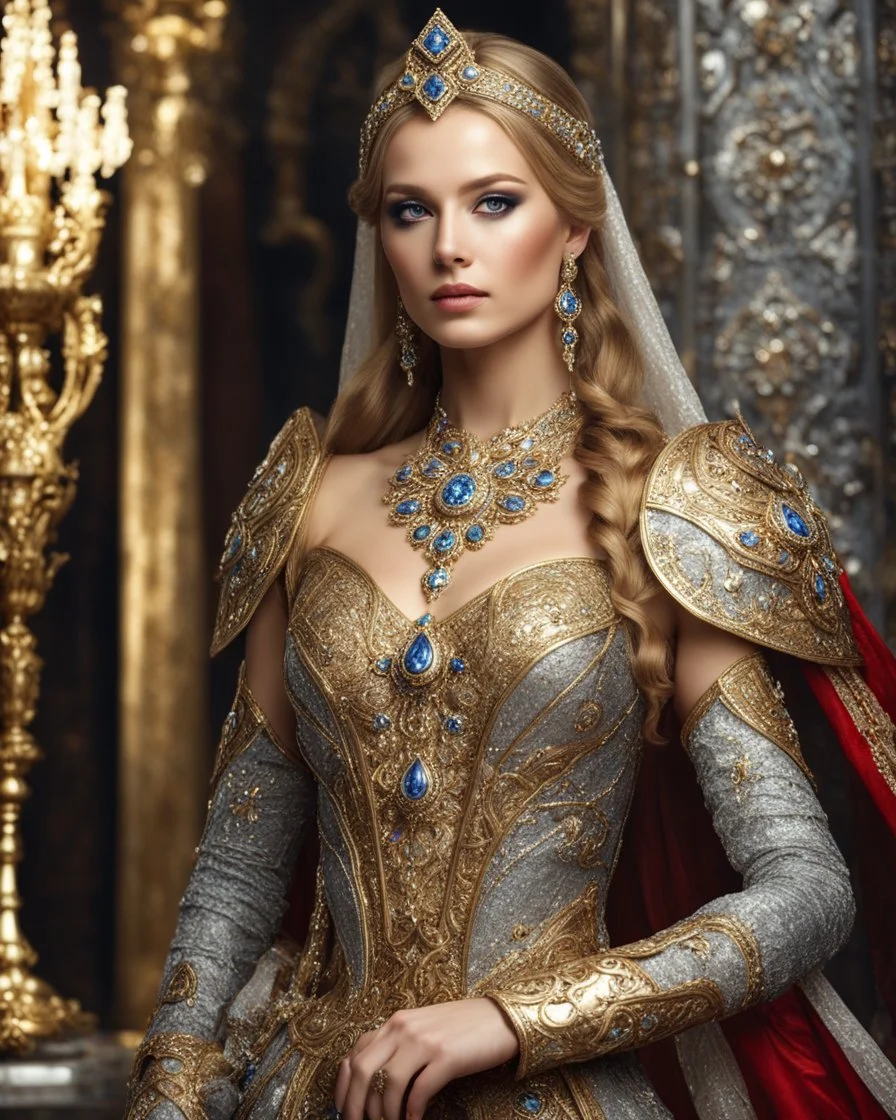 Realistic photography,front view,Beautiful Luxury Princess Russian Byzantine ,super model Byzantine Woman, pretty make up, blonde brown hair,dressing luxury party gown,looking at viewer,traditional dress ornaments Luxury gown Byzantine traditional, intricate soft armor, delicate golden and silver shine bright, black metalic parts, detailed part, jewelry diamonds,dynamic pose,luxury background, dynamic lighting, red hour,portrait