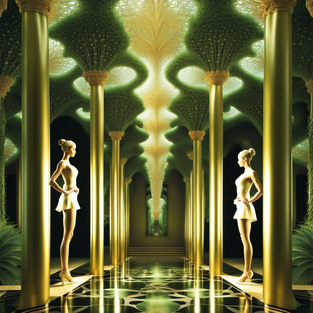 Here is a prompt for AI image generation to create an image of 3D fractal recursive art of dancer girls in a magical villa garden of the future: "3D fractal recursive art of dancer girls in a futuristic magical villa garden. Intricate, detailed, dreamlike, fantastical, surreal, volumetric, layered, geometric patterns. Ethereal, shimmering, otherworldly. Elegant, graceful dancers in motion, surrounded by lush, verdant vegetation, ornate architecture, and glowing, luminescent elements. Vibrant, s