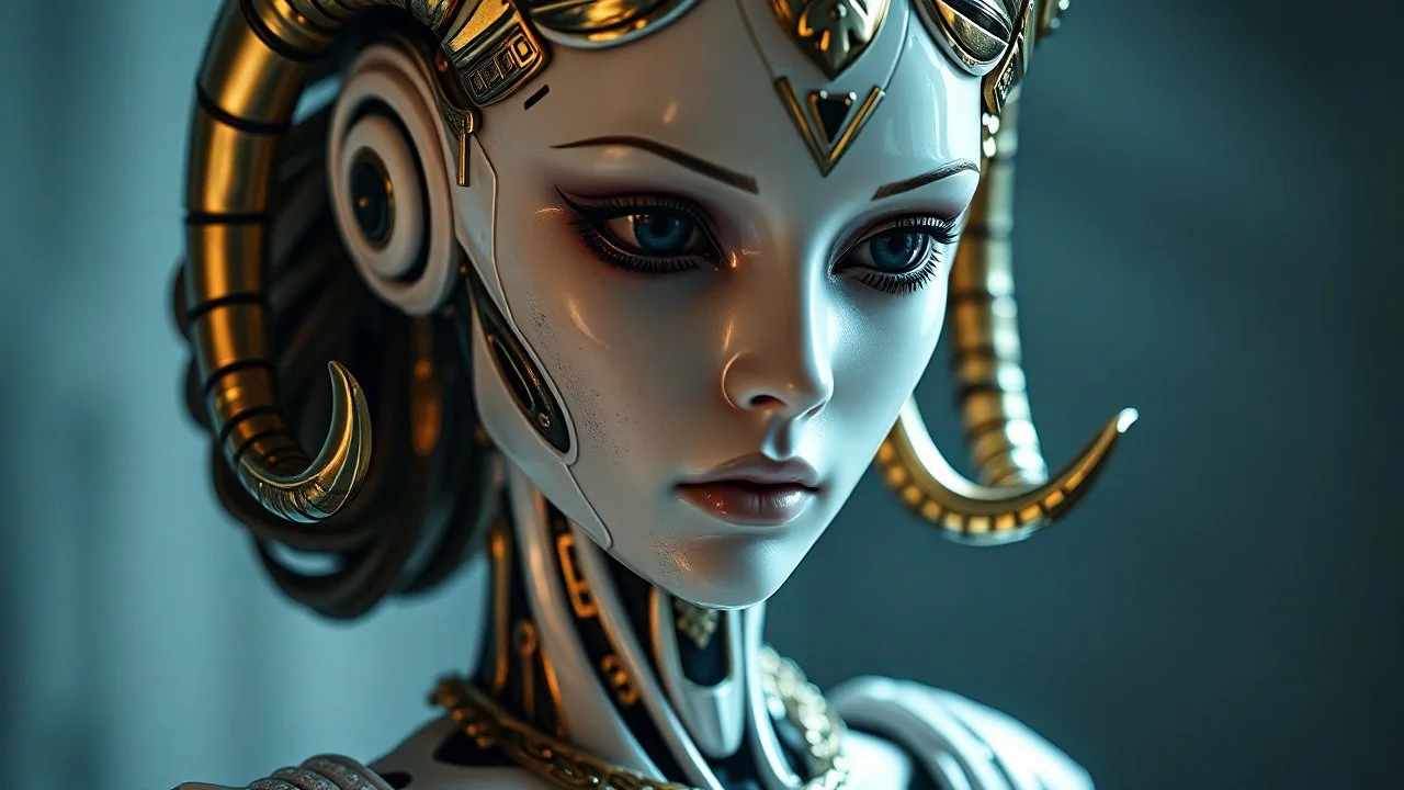 an automaton, doesn't have horns,a beautiful mechanical female demon, beautiful curves, made of ivory porcelain skin, with bronze gold trims, doll-like features, dressed in classical greek clothes, empty black eyes and unexpressive face, full figure, photorealism,face showing deep contemplation, highly detailed, cinematic lighting, Ray tracing