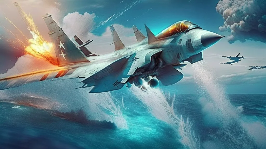 fighter jet shoots at passenger plane while flying over the ocean