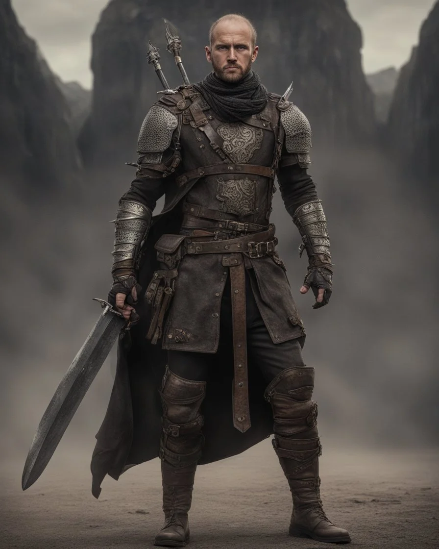 A brave warrior with leather and metal combat clothes