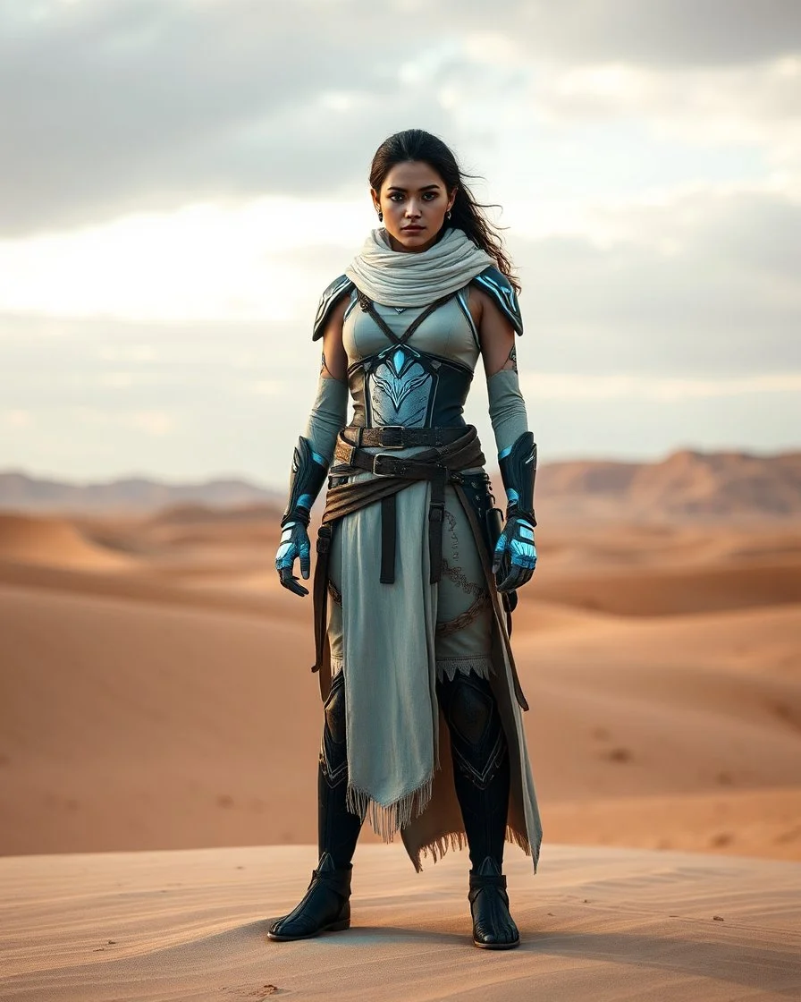 Dune Movie fullbody stand on the desert Young Woman Warrior futuristic clothing deep blue eyes in Dune Movie Character