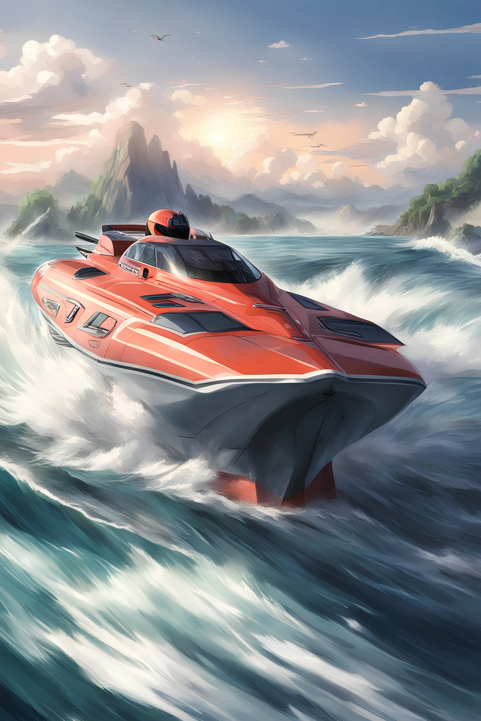 anime, fast, massive speed boat, no people,