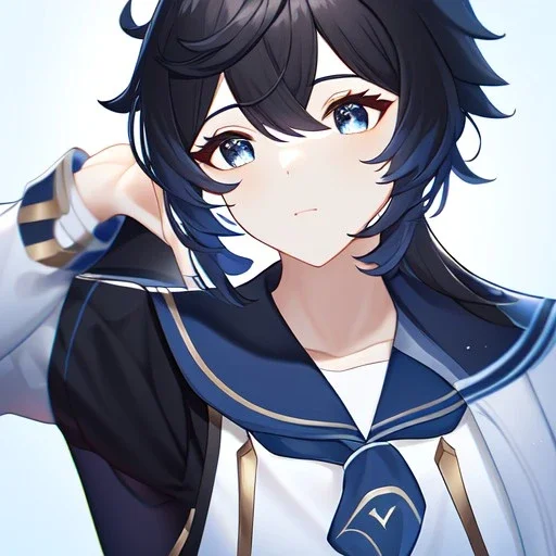 Genshin woman, Clear Focus High resolution, Calm Background, Light skinned woman, Black long beatiful hair, Dark blue sparkling eyes, Very Beatiful Face, Splash art, Cute Scene, Wearing a sailor uniform