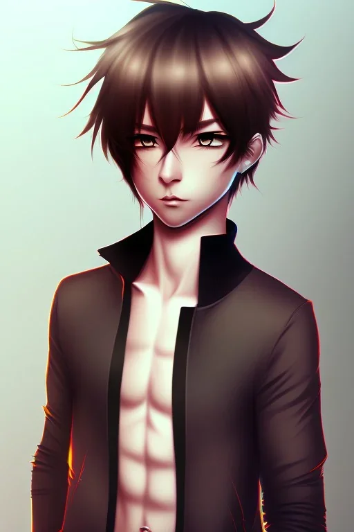 anime boy with short brown hair with split bangs, black outfit