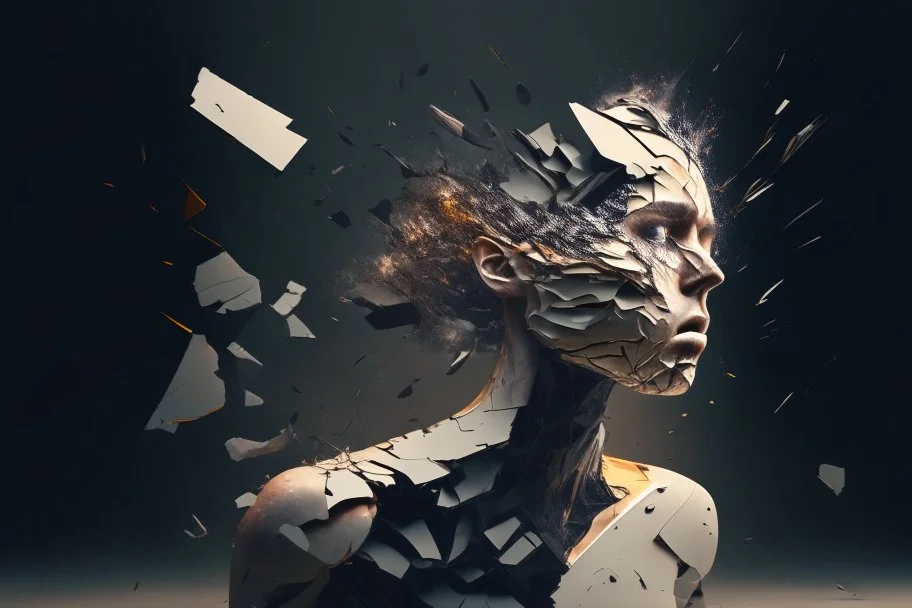 human design, breaking down into pieces, cinematic image, 16K,