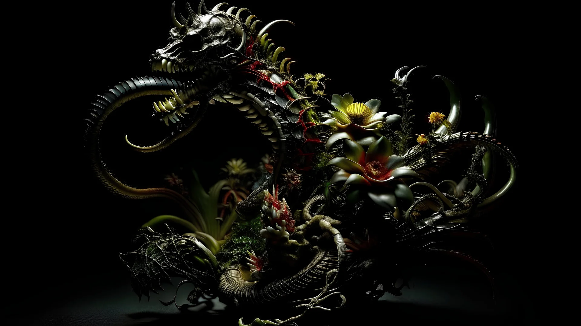 create a 4k image of a small hybrid sculpture that is a mix of an exotic flower and Xenomorph, intricate detail, long dragontail-like shapes, the sculpture floats in black space