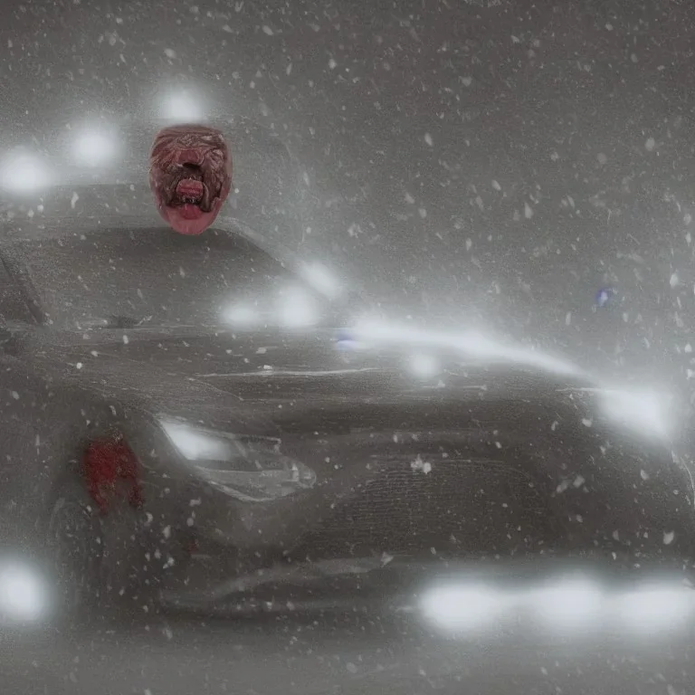 a photo of a worm with a human face driving in a snow storm and screaming with pleasure, highly detailed, realistic, unreal engine, hyper realistic, 100 mm, f / 4, 8k, tyndall effect, cinematic, ultra wide angle