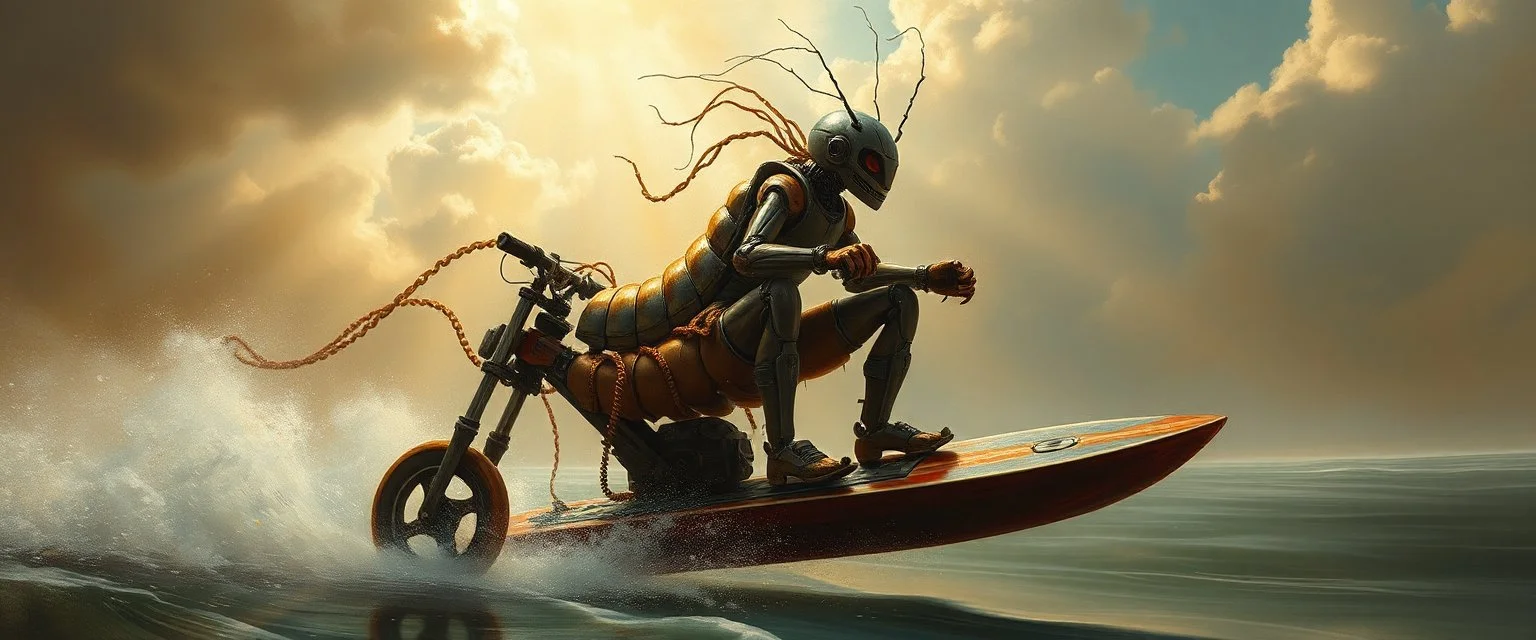 master oil painting by Rembrandt, viggo sandvik as insane centipede wild ginger robot on surfboard boat snow scooter mega trike , goa trance glitch poster, background motion blur, volume fog with light rays, jesus clouds