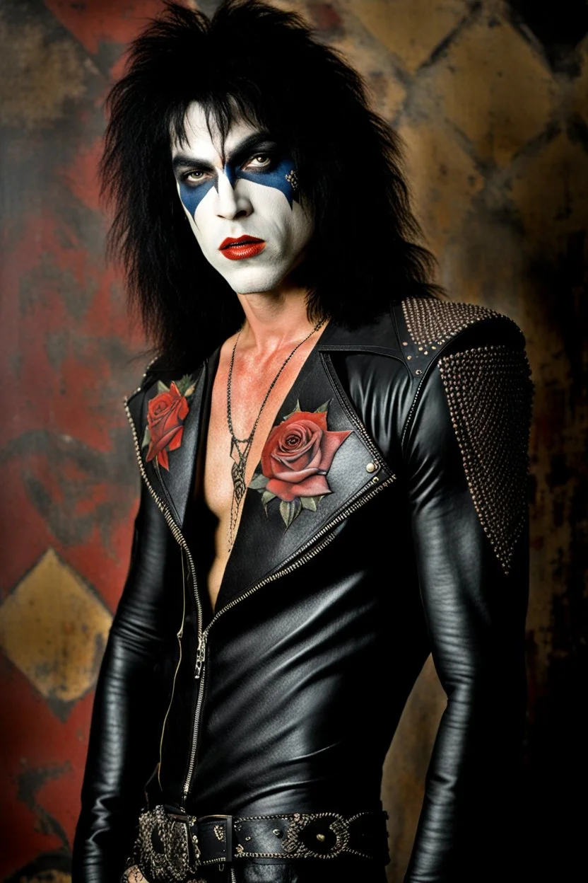 text 'KISS' - head and shoulders portrait, KISS - Tall and muscular 20-year-old Paul Stanley, Black star on right eye, Chest and stomach hair, rose tattoo on right shoulder, black spandex and leather, 8-inch high platform boots, - a multicolored cement wall in the background,