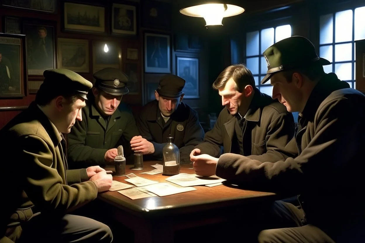 Smoky pub, cheerful young men drinking around a table, a policeman looking thoughtfully at the ID card of one of the boys, lamplight