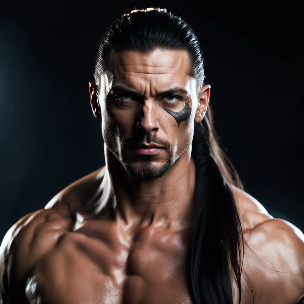 Shirtless Handsome 40 year old warrior with long dark hair pulled back in a pony tail and a goatee. headshot. photorealistic. 4k. Dark Fantasy