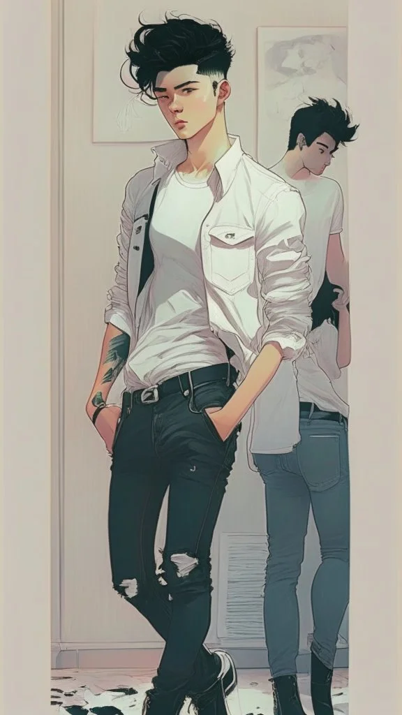 Teen man, black hair, perfect face, style of tomer hanuka, jeans, white, t-shirt, pompadour