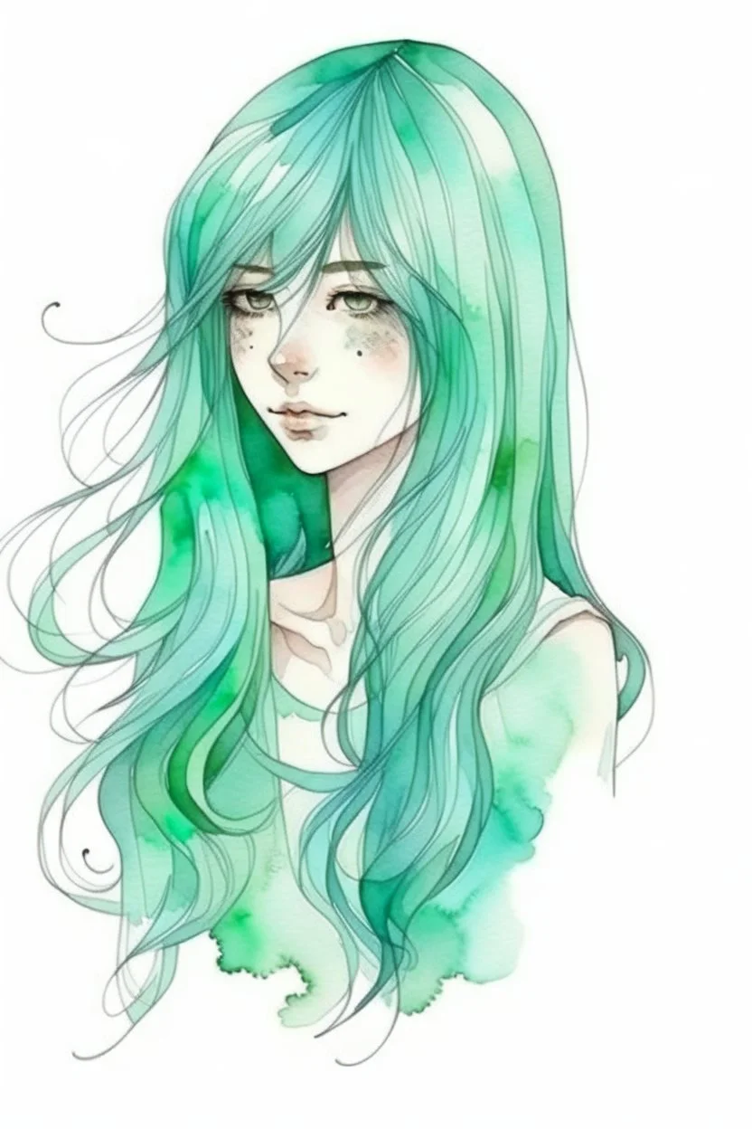 Watercolor long mint fringed hair girl