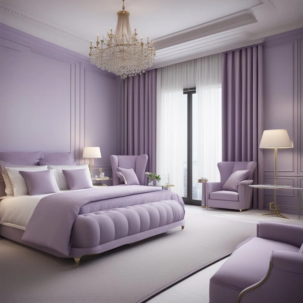 hotel bedroom master, modern classic style, lavender colors, 3d