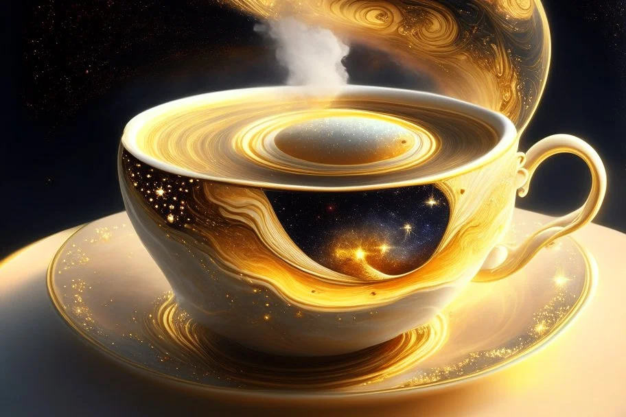 A universe swirling in a beautiful gold rimmed porcelain coffee cup, with planets, stars, steam, masterpiece, in sunshine