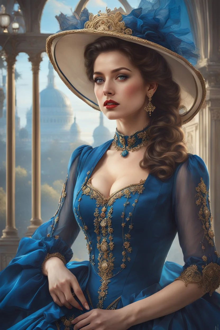 Beautiful woman, the most detailed portrait, the best quality 8k blue dress, Wonderful woman of the Victorian era walks along the park style of the artist Razumov, Volegov , sf, intricate artwork masterpiece, ominous, matte painting movie poster, golden ratio, trending on cgsociety, intricate, epic, trending on artstation, by artgerm, h. r. giger and beksinski, highly detailed, vibrant, production cinematic character render, ultra high quality model fashion show pose