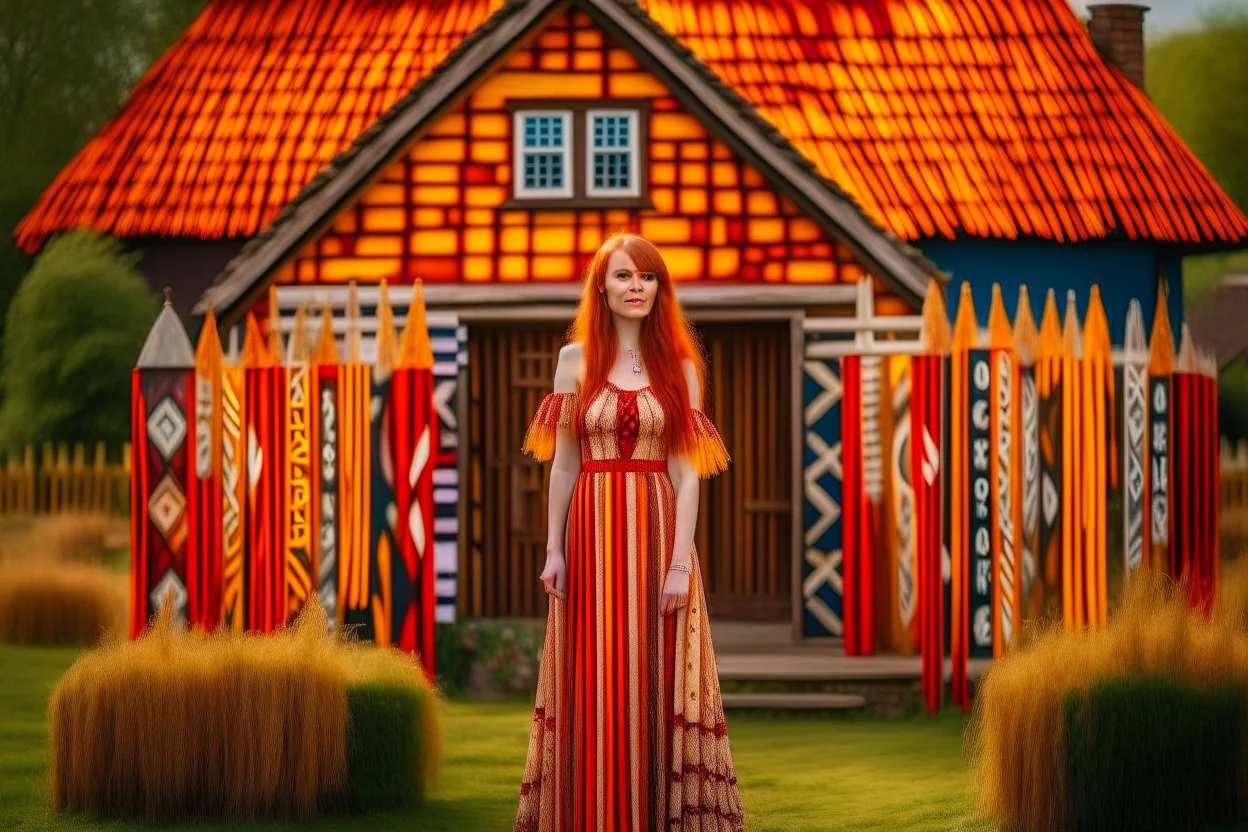 Full body shot of a tall slim pretty, red-headed young woman, dressed in a long flowing colourful dress, standing in front of a row of cottages and shops with thatched roofs, casting runes in the air