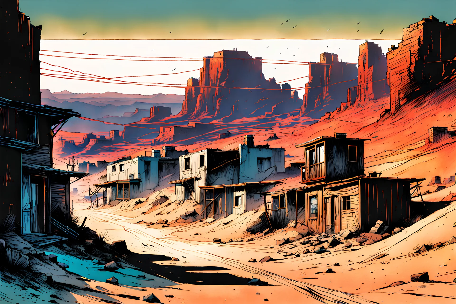 create a hyper detailed illustration of a small southwestern ghost town in the comic art style of FRANK MILLER and BILL SIENKIEWICZ, searing lines and forceful strokes, precisely drawn, boldly inked, with gritty, decayed textures, dry desert colors, dramatic otherworldly lighting