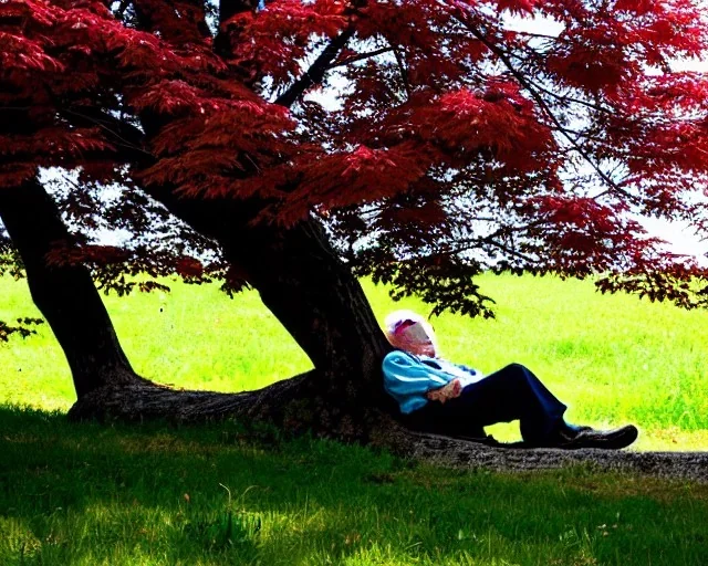 old man sleeping by maple tree