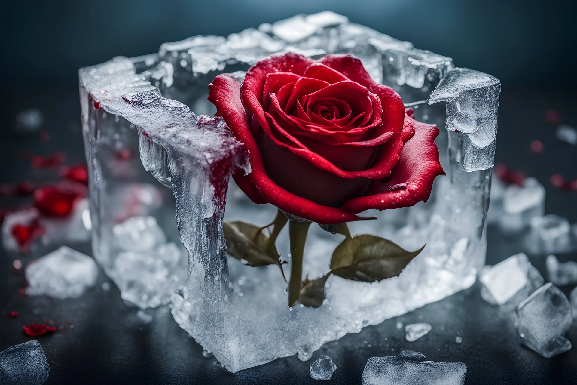 close-up photo of a beautiful red rose breaking through a cube made of ice , splintered cracked ice surface, frosted colors, blood dripping from rose, melting ice, Valentine’s Day vibes, cinematic, sharp focus, intricate, cinematic, dramatic light