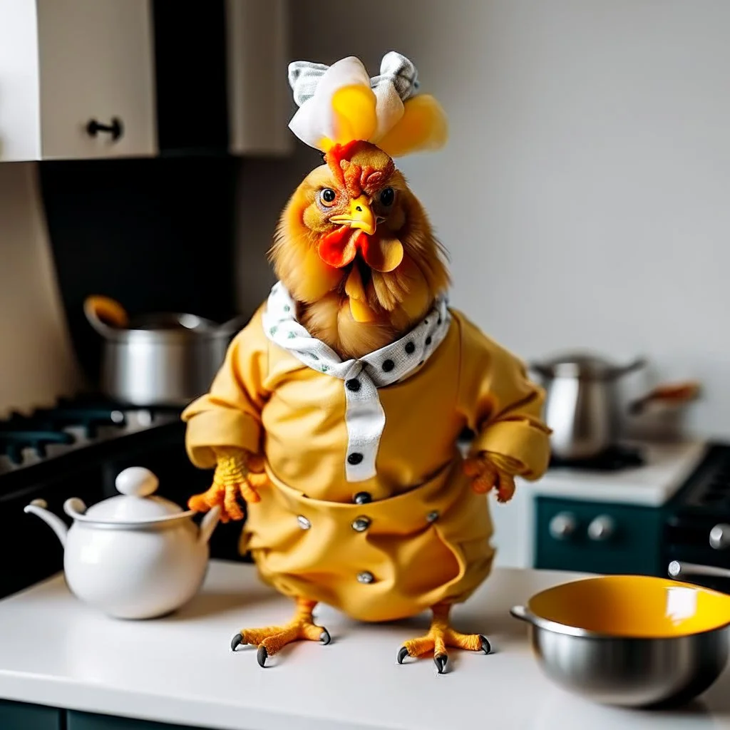 A funny and cute chicken in the shape of a human wearing cooking clothes that look the same color as his skin in the kitchen, cooking and carrying a pot of eggs.