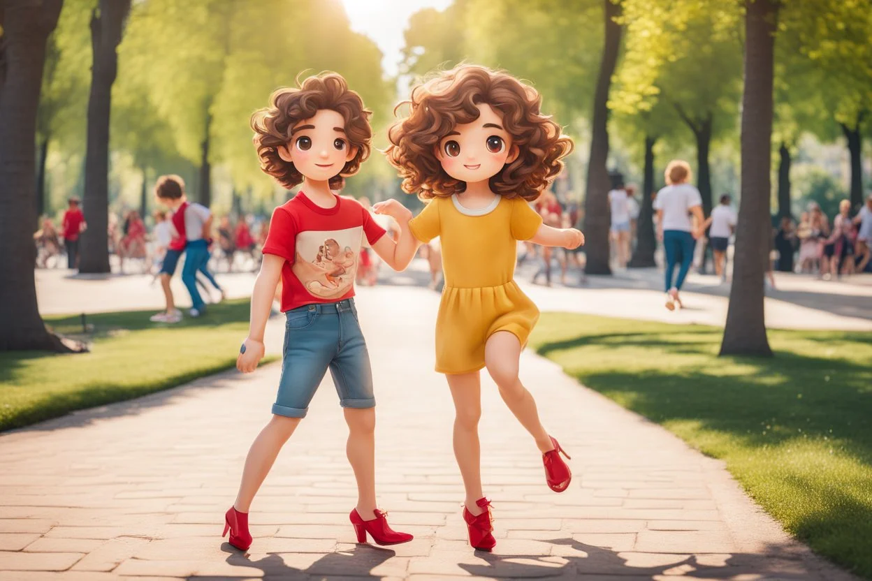 a cute chibi spanish man with short curly brown hair cropped at the back in yellow T-shirt and jeans with a cute chibi contented girl with long brown hair and brown eyes in a red elegant jumpsuit and red high heels, and a chibi girl with blonde brown hair in a beige dress dancing dynamically in Madrid in the Retino park, in sunshine, ethereal, cinematic postprocessing, airplane in the sky