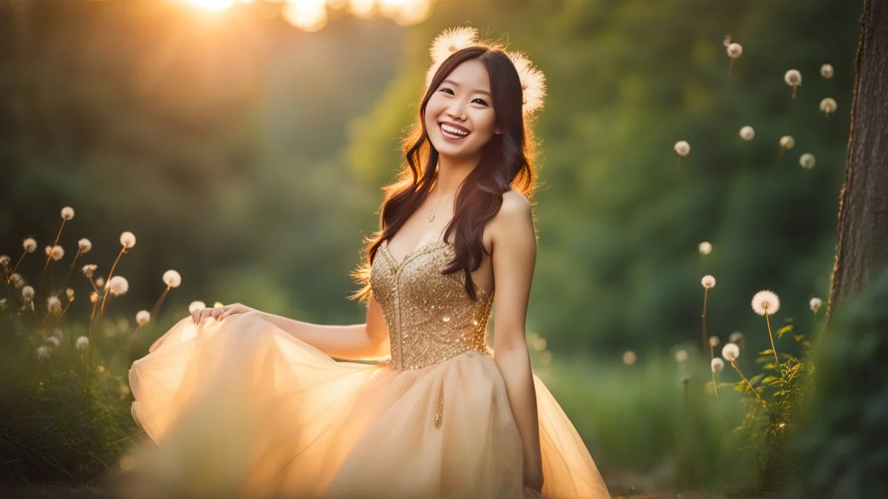 A gorgeous smiling Asian model in a fairy outfit in a wood with 1000 y/o trees, a small torrent and dandelion seeds in the air at sunset