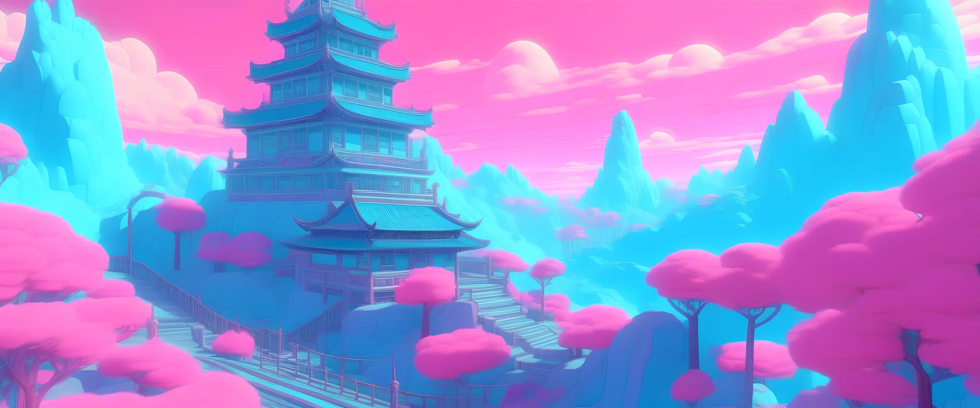 Background: style: pastel colours: vaporwave. Text in the Middle (centered horizontally and vertically): "Monokai 3D". Aspect ratio: 3360 × 840 px, sharp, very detailed, high resolution, inspired by hayao miyazaki, anime, art from ghibli movie