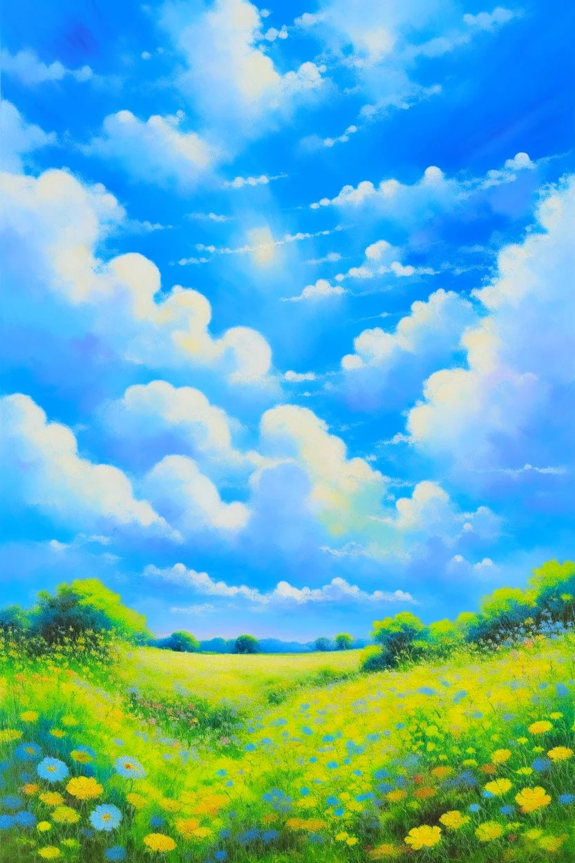 impressionism nature peace communication compassion tranquility blue sky meadow fluffy clouds flowers