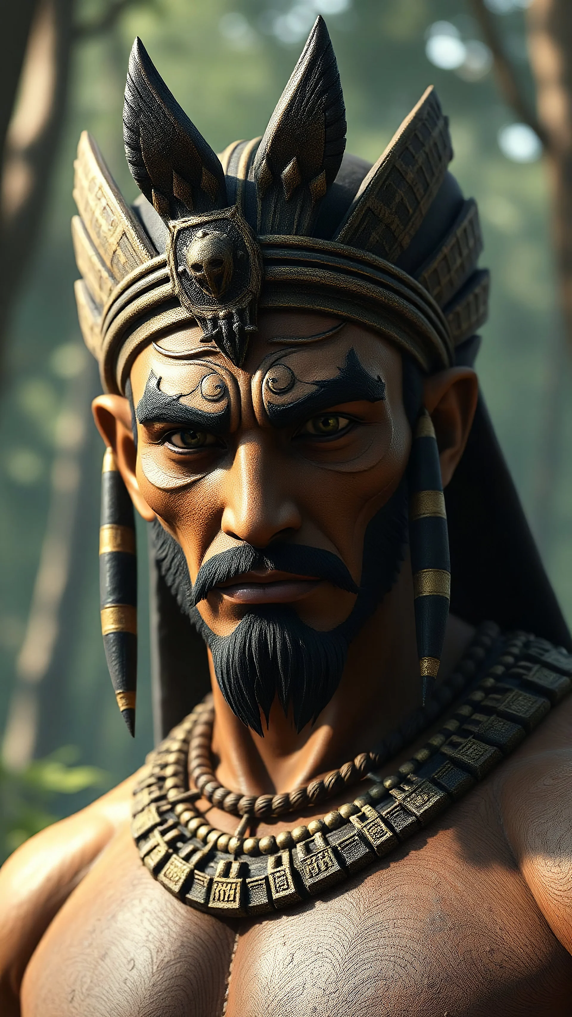 Ghibli movie. gerhart, guweiz. portrait of a handsome Giant Egyptian man, dynamic pose, galactic creature, forest background, fantasy, ghibli. using natural light to highlight weathered textures. with an emphasis on expression and mood. bokeh, Ultra-detailed Quality 3D, 3d render octane, Unreal engine 5 effects, VFX, Isometric, Made in blender, 8k sharp focus, cinematic, ultrahd, highly detailed, ultra photorealism fantasy